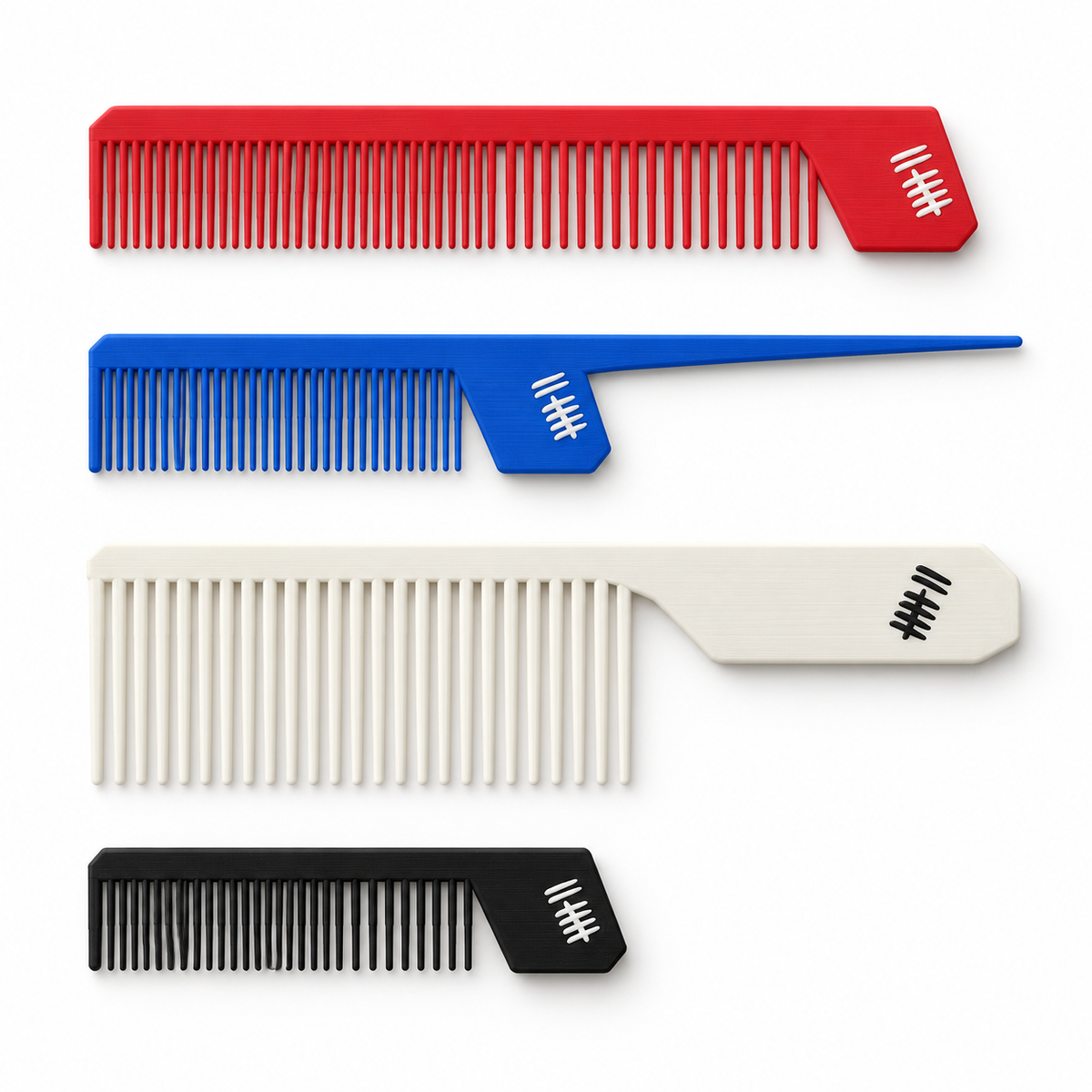 Model-based product render of the four GAMESVN combs: red everyday, blue rat-tail, white styling and black pocket with a white logo. Stand included with the kit, shown separately in the hero image.