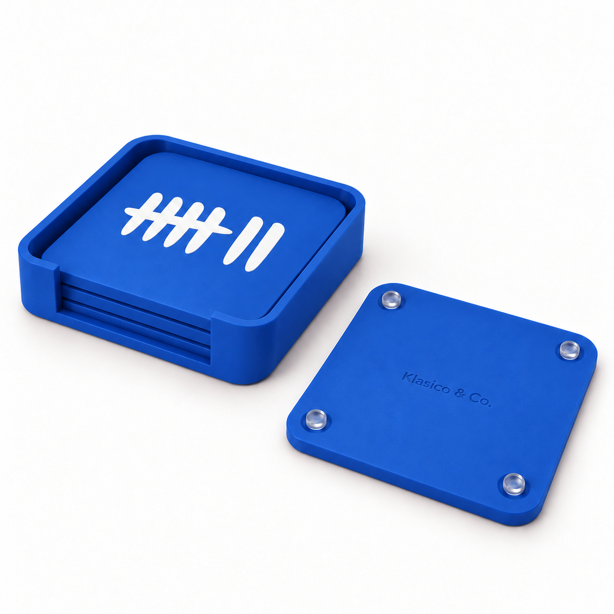Blue GAMESVN four-coaster set with matching low holder and clear rubber feet