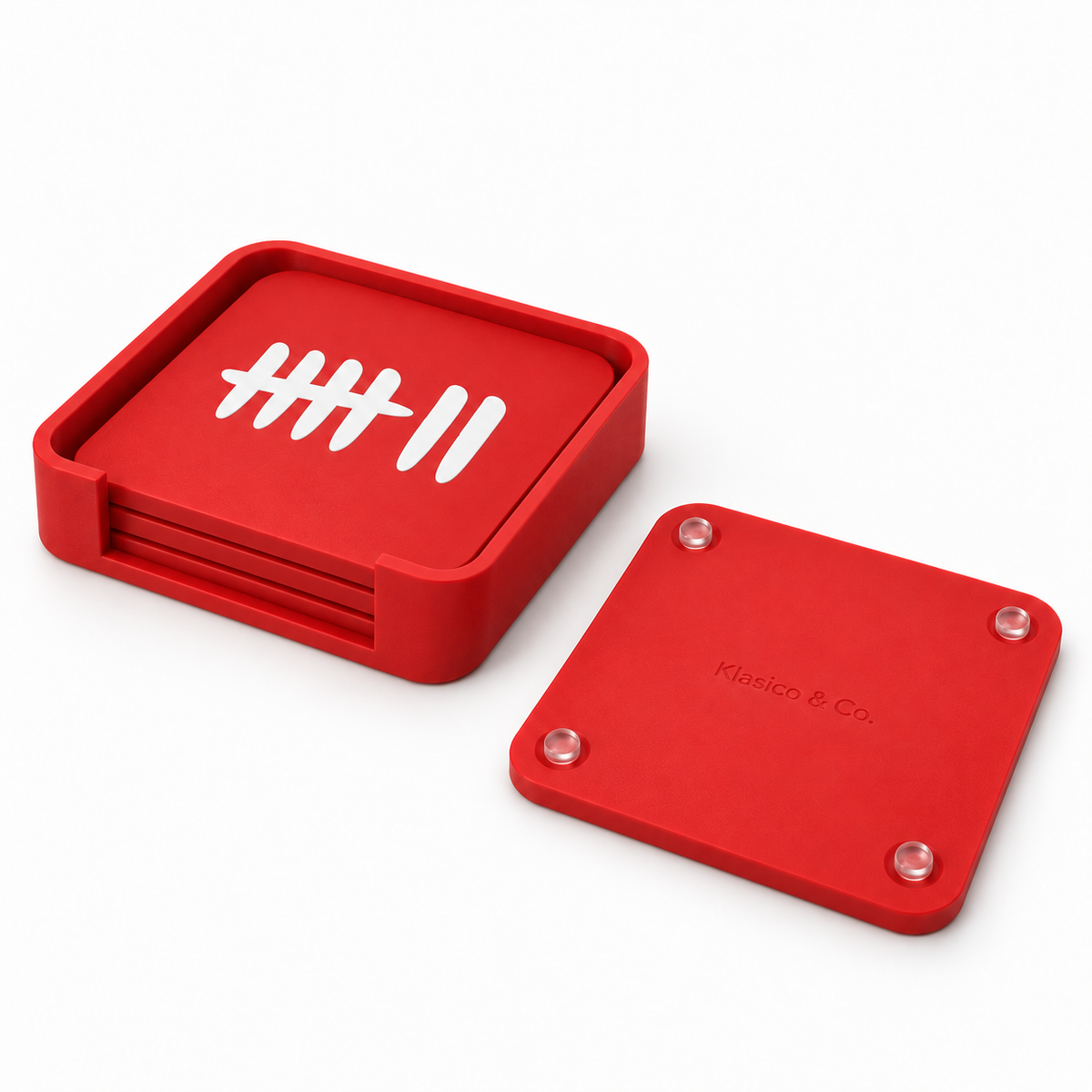 Red GAMESVN four-coaster set with matching low holder and clear rubber feet