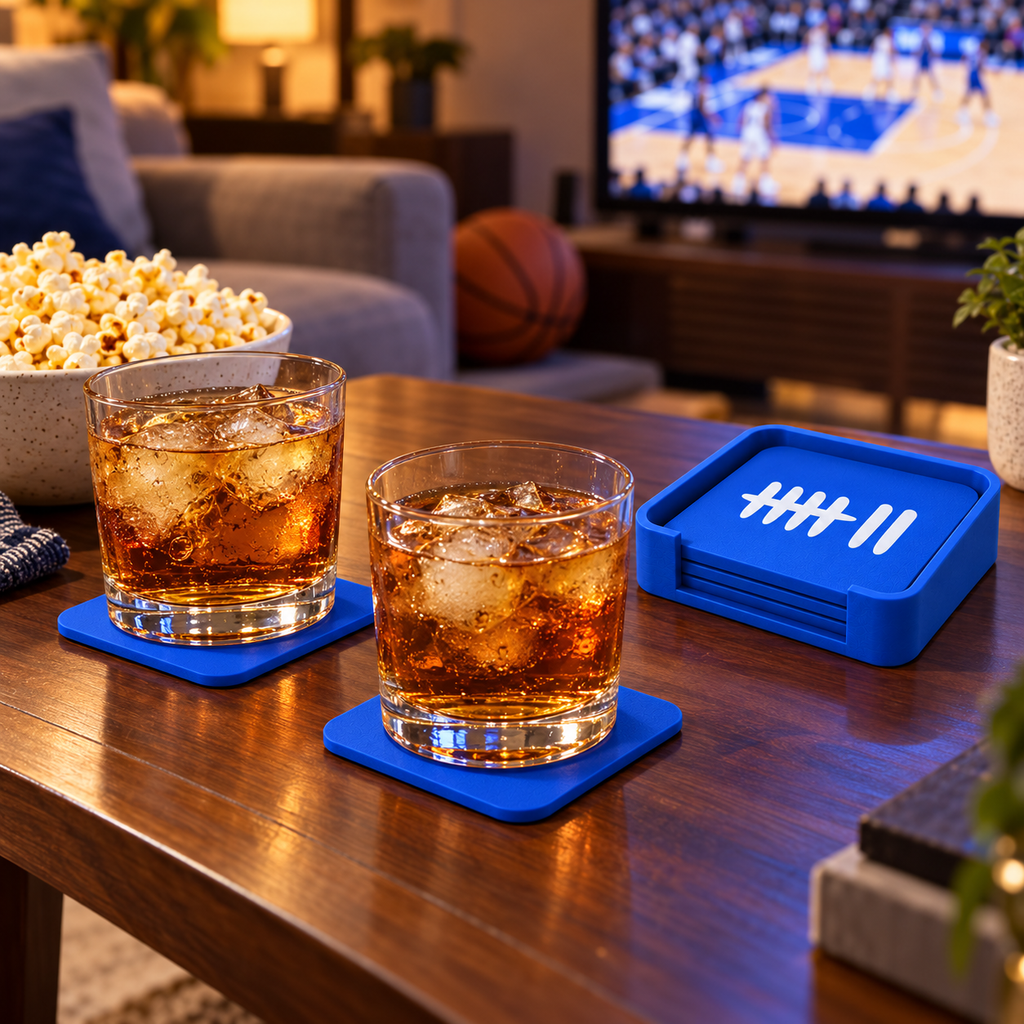 Blue GAMESVN coasters used for drinks on a coffee table during basketball game night, with matching holder