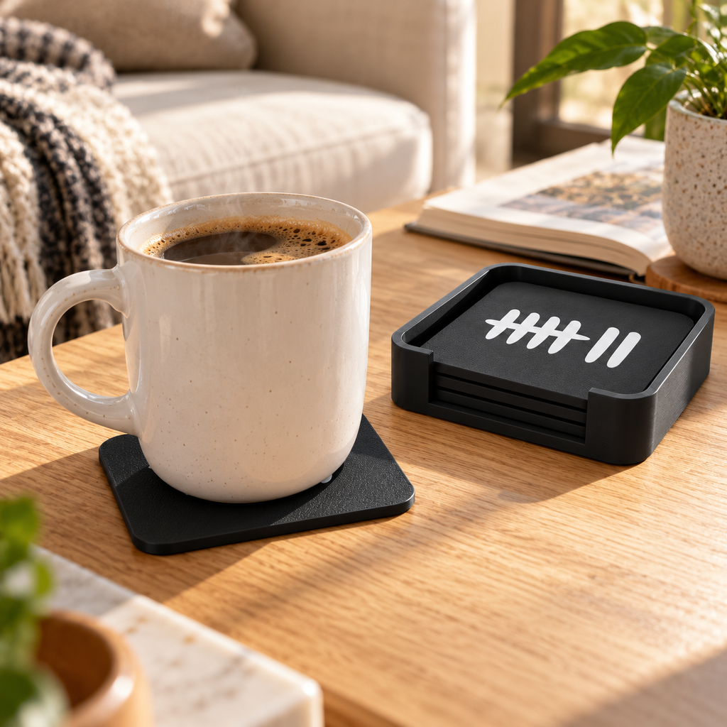 Black GAMESVN coaster beneath a coffee mug on an oak table, with matching coaster holder