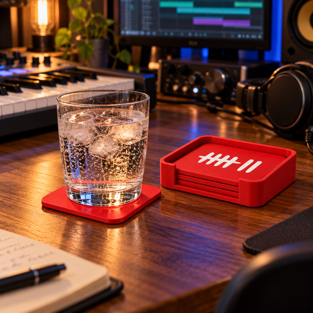 Red GAMESVN coaster beneath a glass of water on a music studio desk, with matching coaster holder
